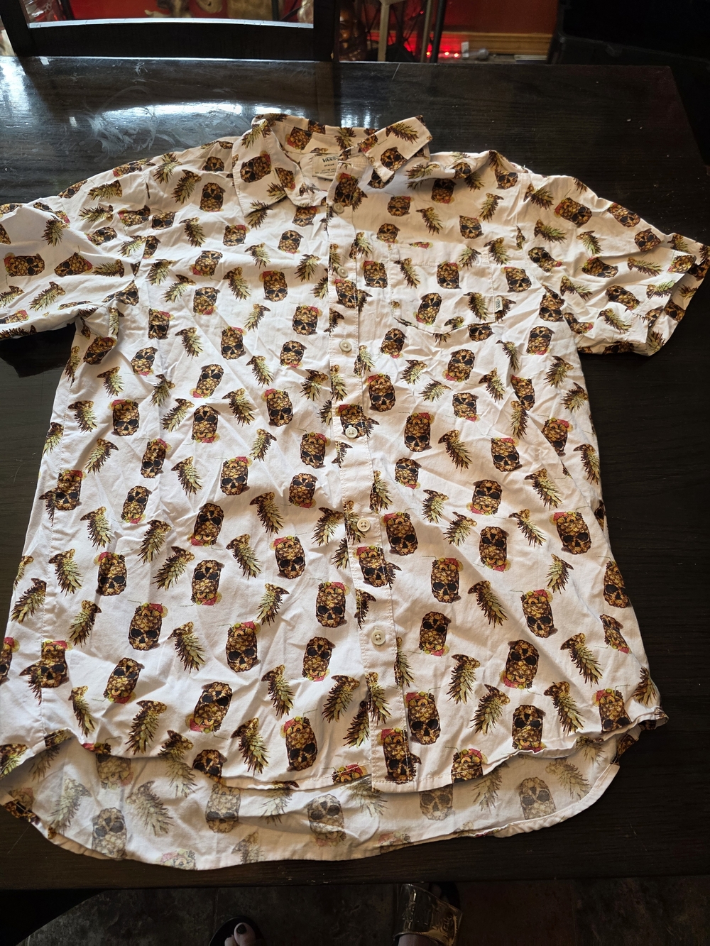 Vans White Short-Sleeve Button-Up with Pineapple & Skull Print